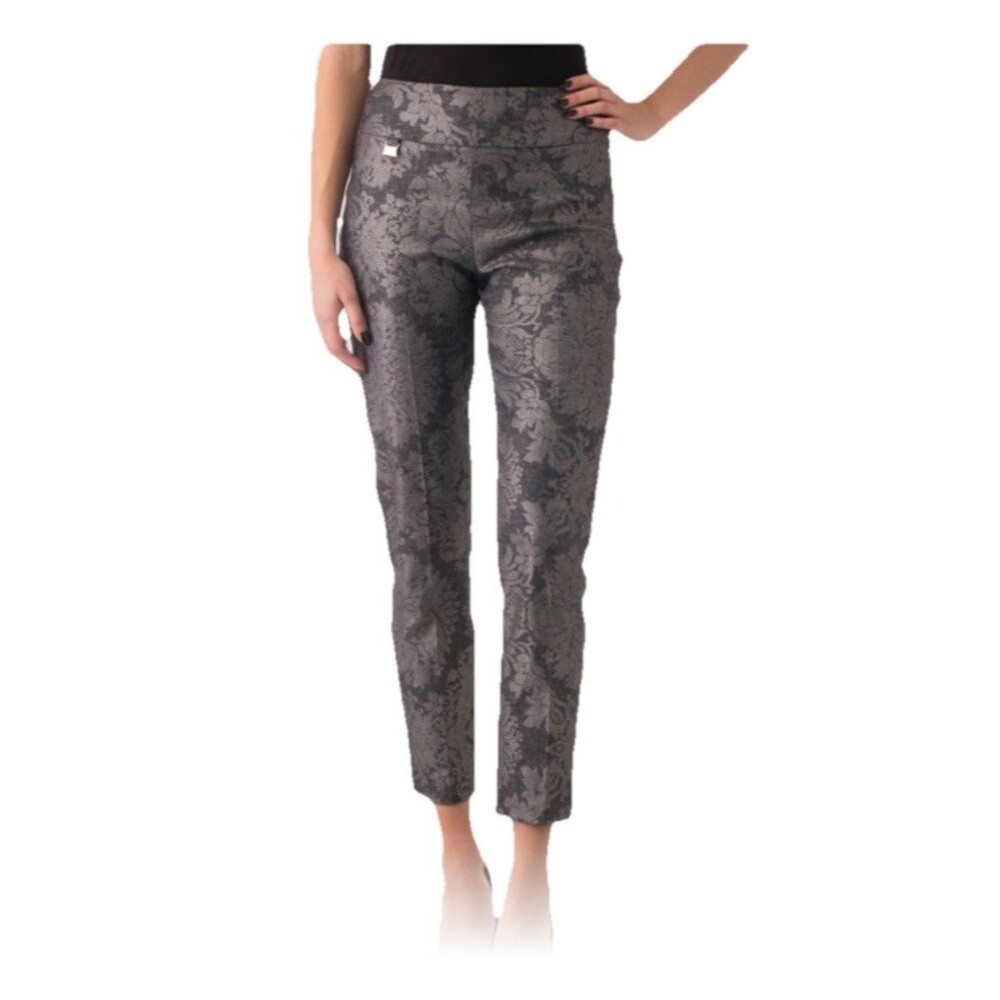Joseph Ribkoff Dress Pants Size 8 Gray Floral Twill Ankle Jacquard